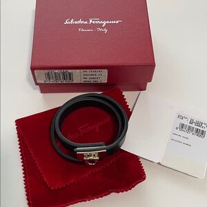 Salvatore Ferragamo Black Leather Double Wrap Bracelet